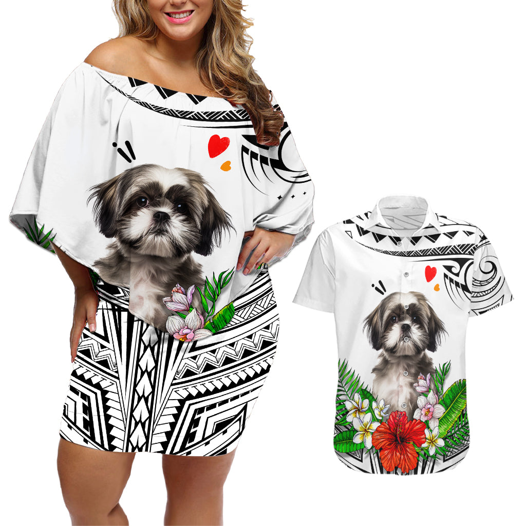 Polynesian Shih Tzu Couples Matching Off Shoulder Short Dress and Hawaiian Shirt Polynesian Pattern And Shih Tzu - Wonder Print Shop