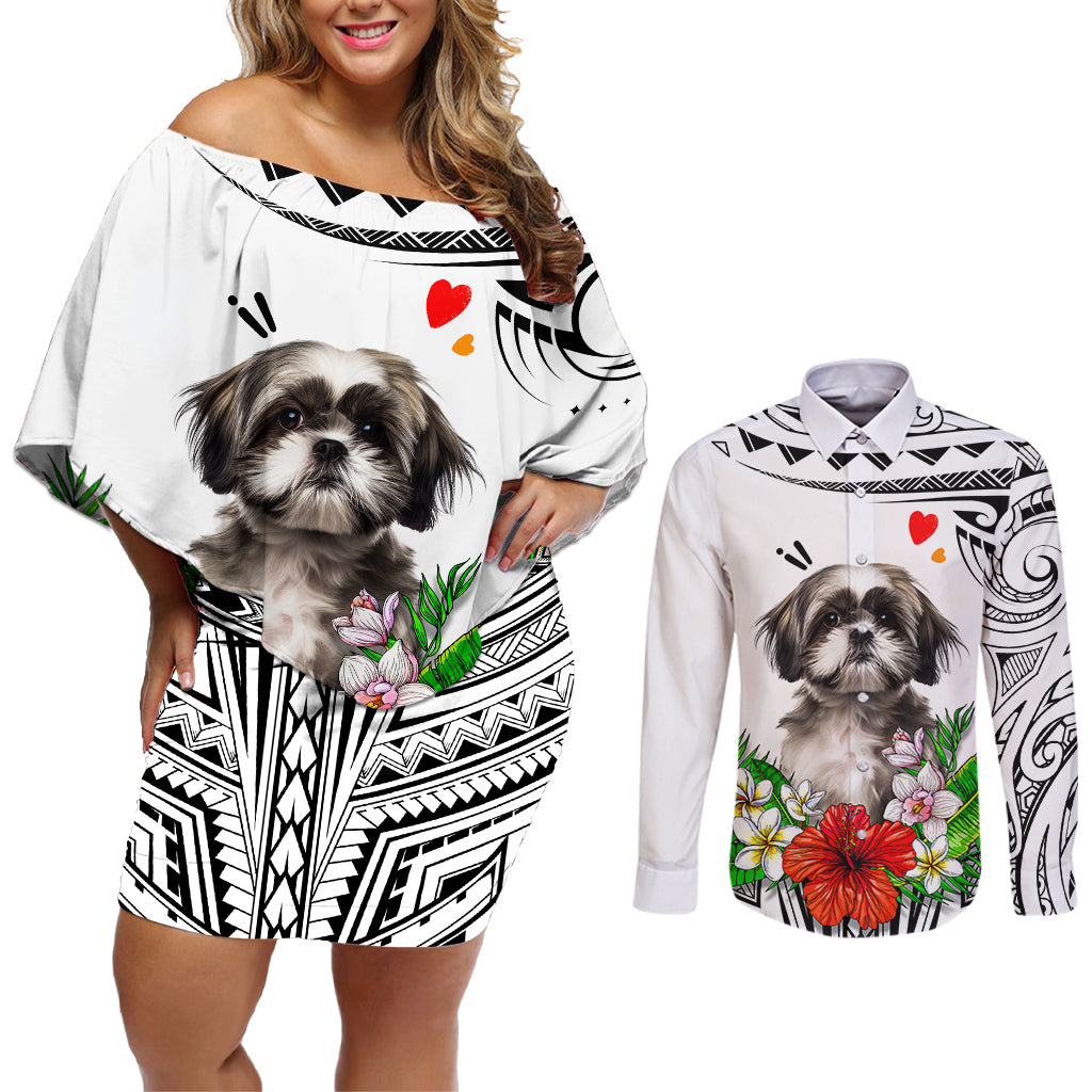 Polynesian Shih Tzu Couples Matching Off Shoulder Short Dress and Long Sleeve Button Shirts Polynesian Pattern And Shih Tzu - Wonder Print Shop