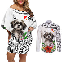 Polynesian Shih Tzu Couples Matching Off Shoulder Short Dress and Long Sleeve Button Shirts Polynesian Pattern And Shih Tzu - Wonder Print Shop