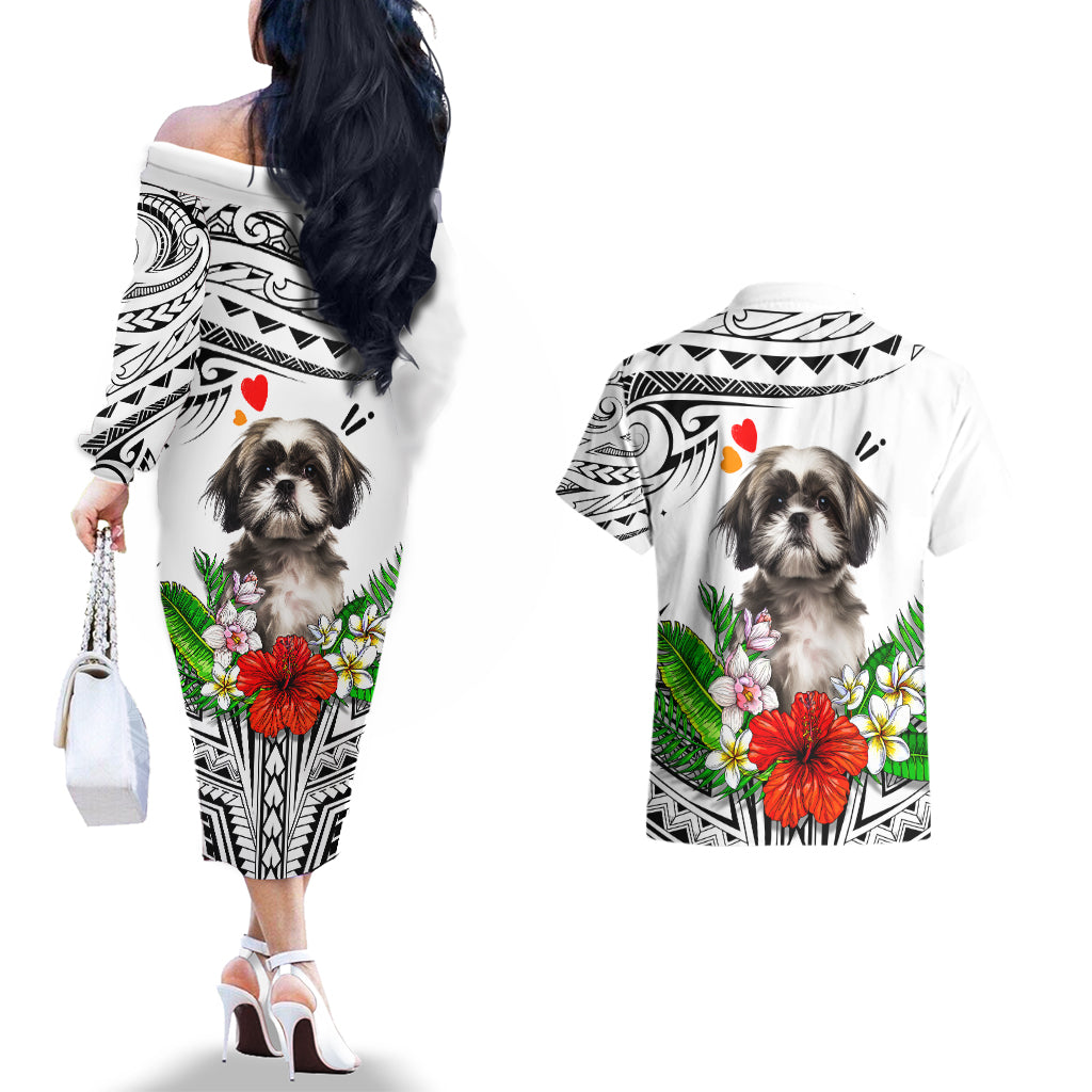 Polynesian Shih Tzu Couples Matching Off The Shoulder Long Sleeve Dress and Hawaiian Shirt Polynesian Pattern And Shih Tzu - Wonder Print Shop