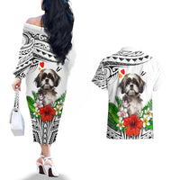 Polynesian Shih Tzu Couples Matching Off The Shoulder Long Sleeve Dress and Hawaiian Shirt Polynesian Pattern And Shih Tzu - Wonder Print Shop