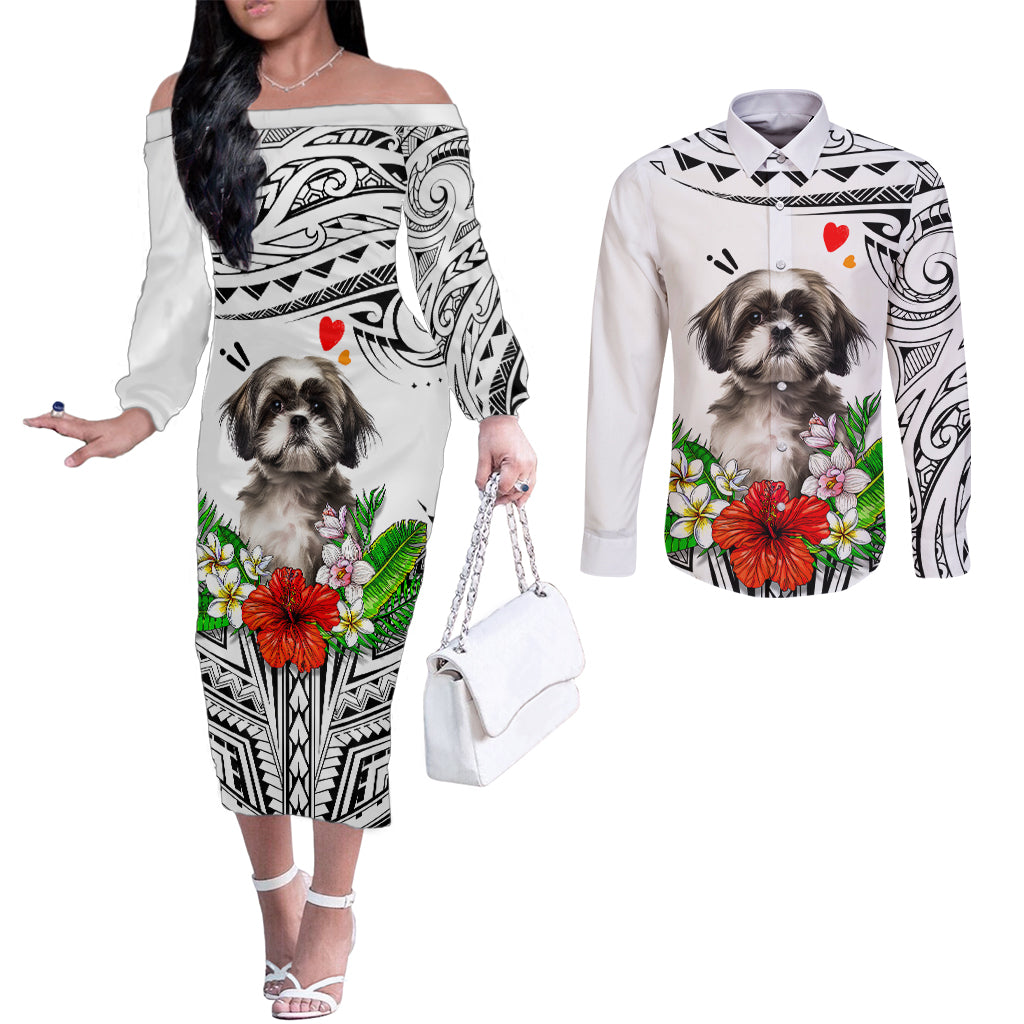 polynesian-shih-tzu-couples-matching-off-the-shoulder-long-sleeve-dress-and-long-sleeve-button-shirts-polynesian-pattern-and-shih-tzu