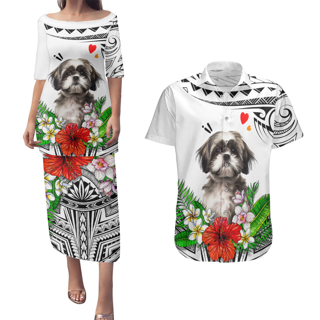 Polynesian Shih Tzu Couples Matching Puletasi Dress and Hawaiian Shirt Polynesian Pattern And Shih Tzu - Wonder Print Shop