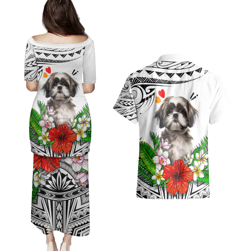 Polynesian Shih Tzu Couples Matching Puletasi Dress and Hawaiian Shirt Polynesian Pattern And Shih Tzu - Wonder Print Shop