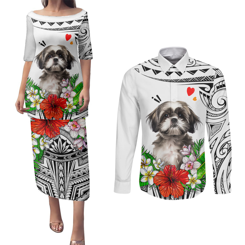 Polynesian Shih Tzu Couples Matching Puletasi Dress and Long Sleeve Button Shirts Polynesian Pattern And Shih Tzu - Wonder Print Shop