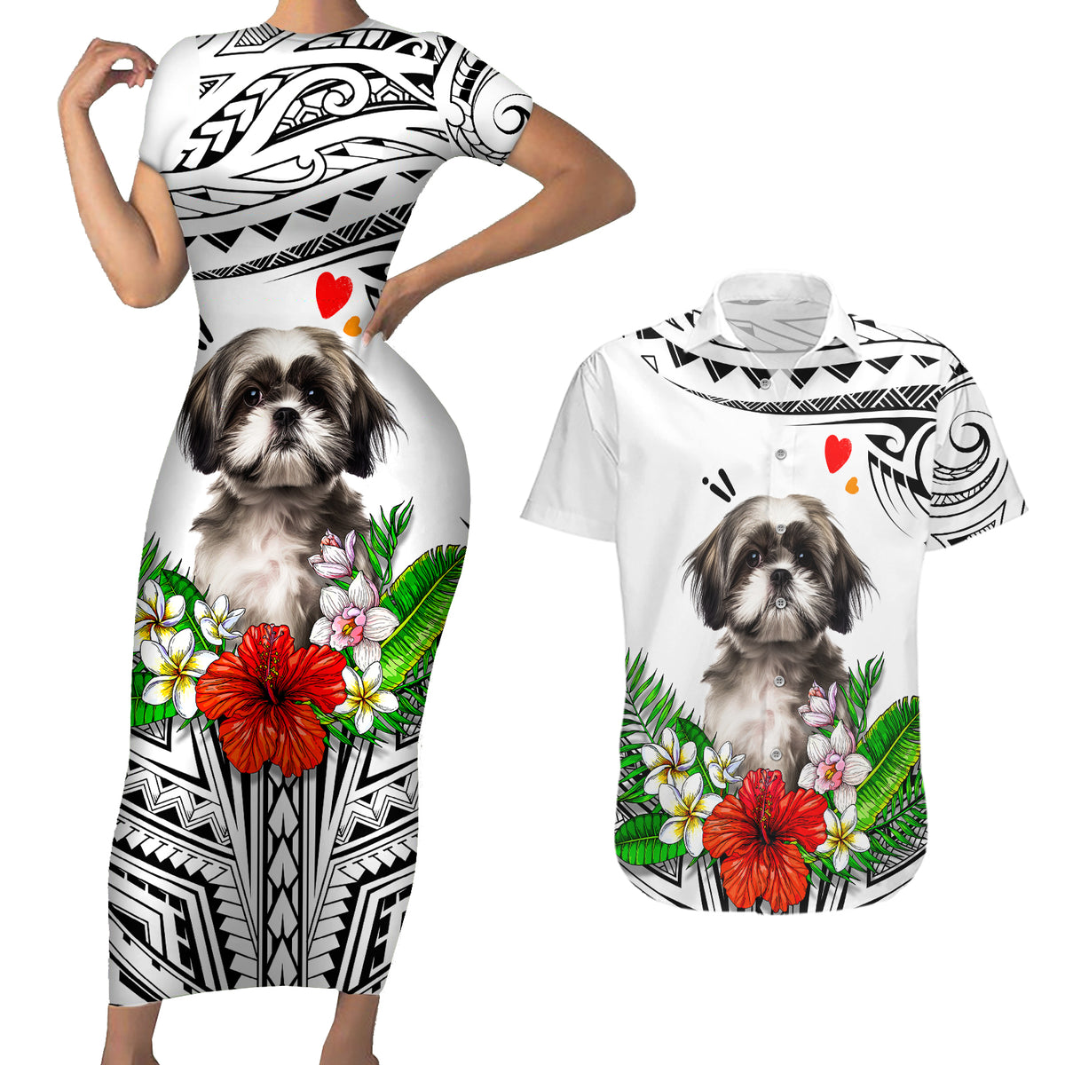 Polynesian Shih Tzu Couples Matching Short Sleeve Bodycon Dress and Hawaiian Shirt Polynesian Pattern And Shih Tzu - Wonder Print Shop