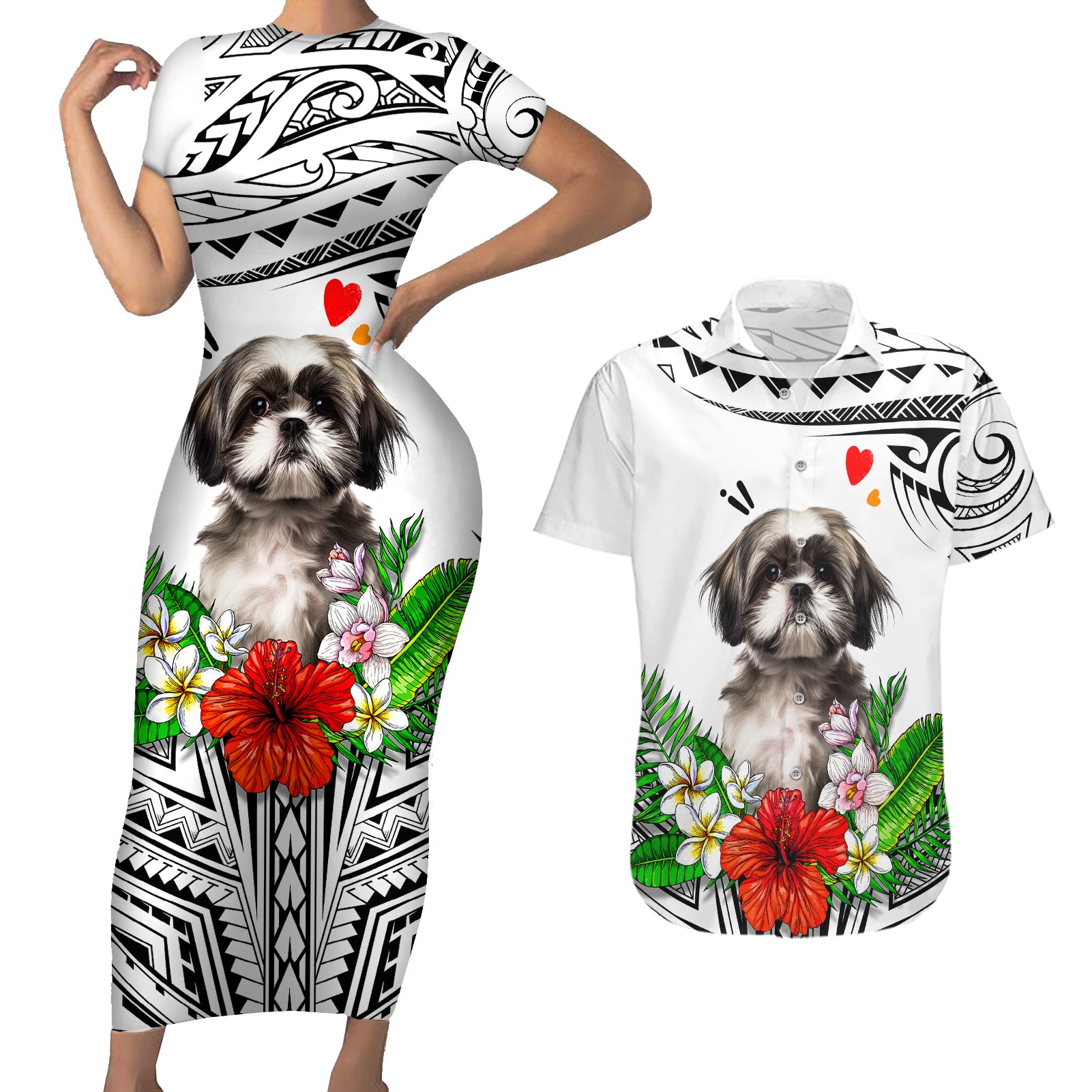 Polynesian Shih Tzu Couples Matching Short Sleeve Bodycon Dress and Hawaiian Shirt Polynesian Pattern And Shih Tzu - Wonder Print Shop