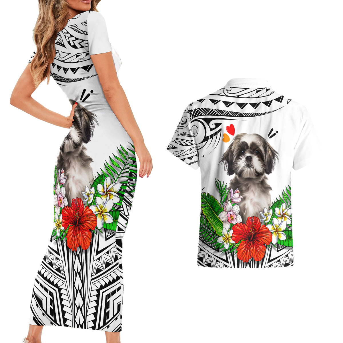 Polynesian Shih Tzu Couples Matching Short Sleeve Bodycon Dress and Hawaiian Shirt Polynesian Pattern And Shih Tzu - Wonder Print Shop