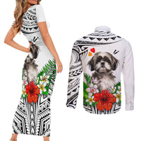 Polynesian Shih Tzu Couples Matching Short Sleeve Bodycon Dress and Long Sleeve Button Shirts Polynesian Pattern And Shih Tzu - Wonder Print Shop