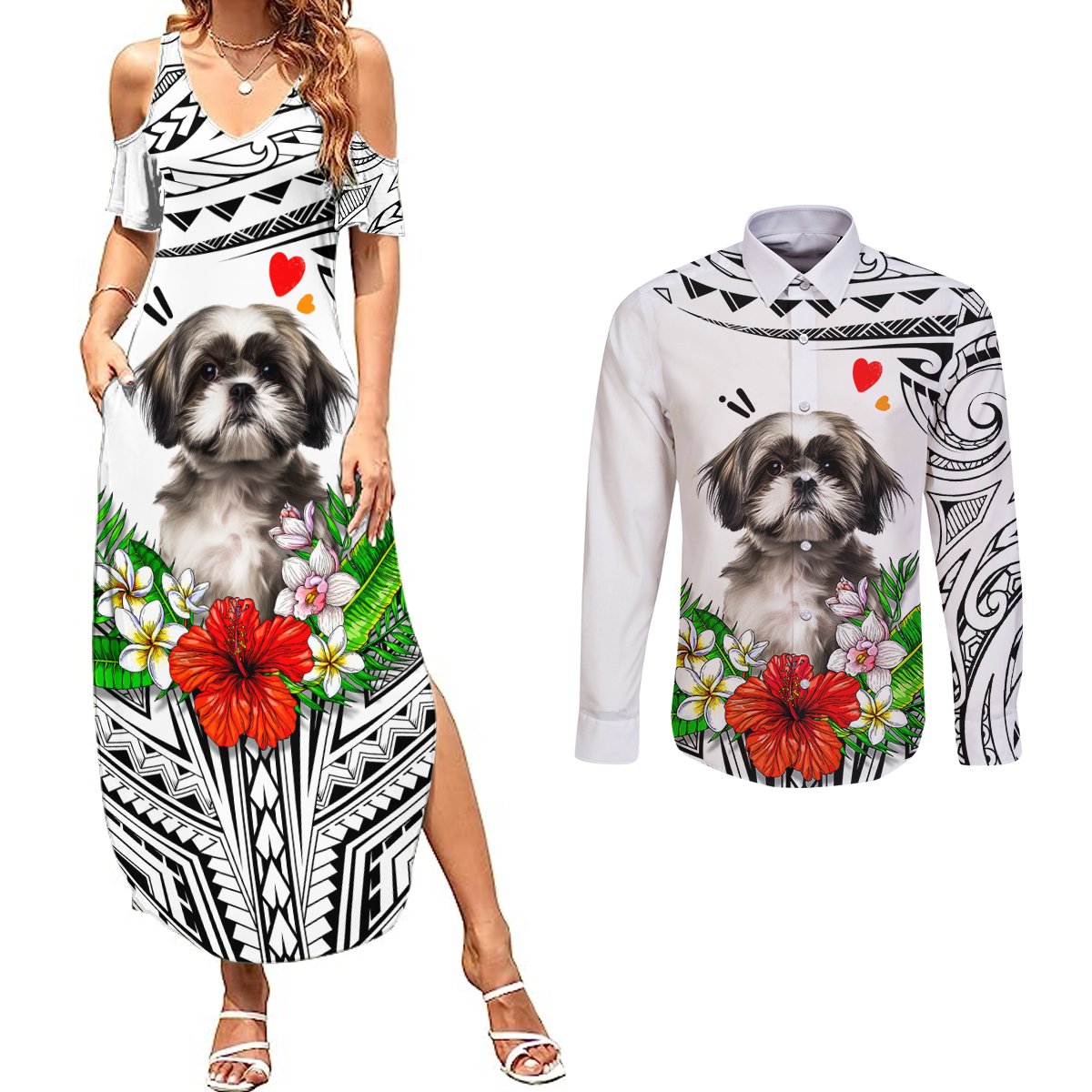 Polynesian Shih Tzu Couples Matching Summer Maxi Dress and Long Sleeve Button Shirts Polynesian Pattern And Shih Tzu - Wonder Print Shop