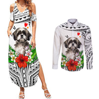Polynesian Shih Tzu Couples Matching Summer Maxi Dress and Long Sleeve Button Shirts Polynesian Pattern And Shih Tzu - Wonder Print Shop