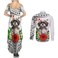 Polynesian Shih Tzu Couples Matching Summer Maxi Dress and Long Sleeve Button Shirts Polynesian Pattern And Shih Tzu - Wonder Print Shop