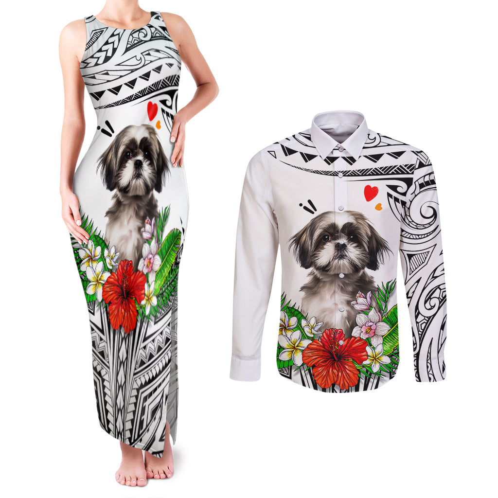 Polynesian Shih Tzu Couples Matching Tank Maxi Dress and Long Sleeve Button Shirts Polynesian Pattern And Shih Tzu - Wonder Print Shop