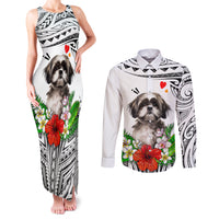 Polynesian Shih Tzu Couples Matching Tank Maxi Dress and Long Sleeve Button Shirts Polynesian Pattern And Shih Tzu - Wonder Print Shop
