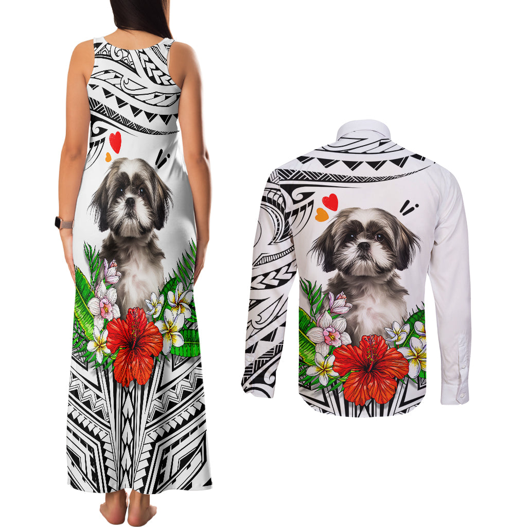 Polynesian Shih Tzu Couples Matching Tank Maxi Dress and Long Sleeve Button Shirts Polynesian Pattern And Shih Tzu - Wonder Print Shop