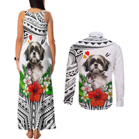 Polynesian Shih Tzu Couples Matching Tank Maxi Dress and Long Sleeve Button Shirts Polynesian Pattern And Shih Tzu - Wonder Print Shop