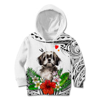 Kids white hoodie with hood, large Shih Tzu face print and floral tribal design