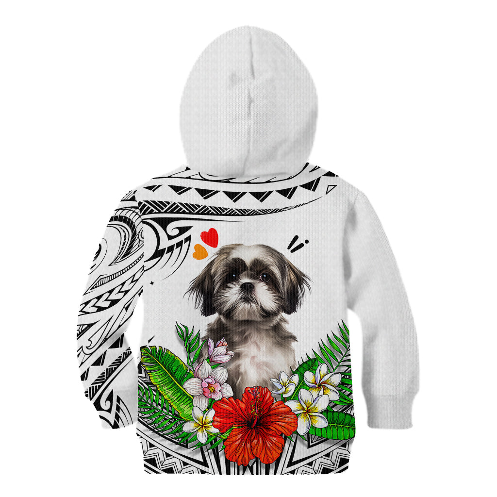 Kids white hoodie with hood, back graphic of Shih Tzu with flowers and tribal pattern