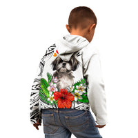 Kids white hoodie with hood, back view showing Shih Tzu and floral tribal print