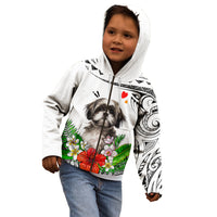 Kids white zip hoodie with hood, Shih Tzu graphic, colorful flowers and tribal pattern