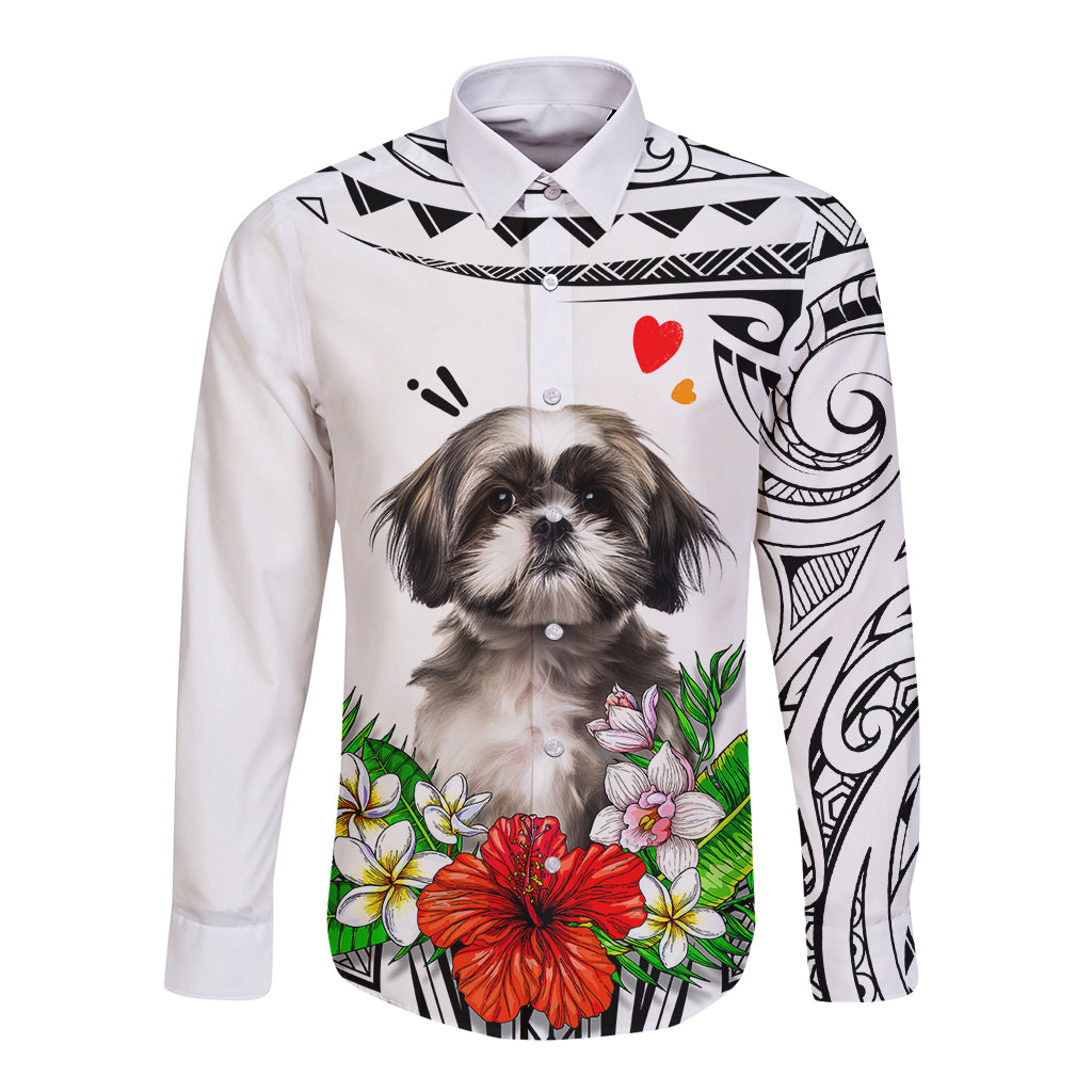 Polynesian Shih Tzu Long Sleeve Button Shirt Polynesian Pattern And Shih Tzu - Wonder Print Shop