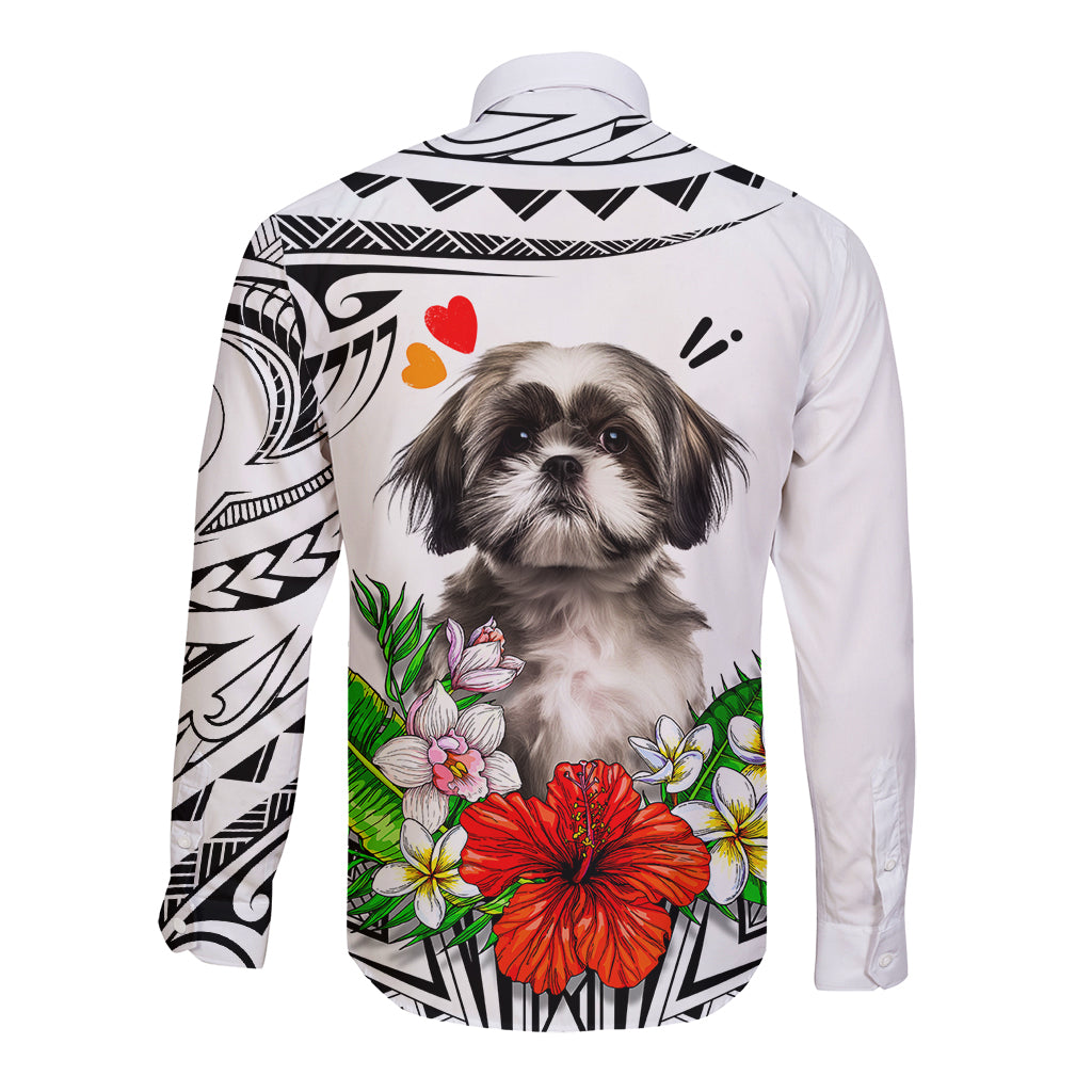 Polynesian Shih Tzu Long Sleeve Button Shirt Polynesian Pattern And Shih Tzu - Wonder Print Shop