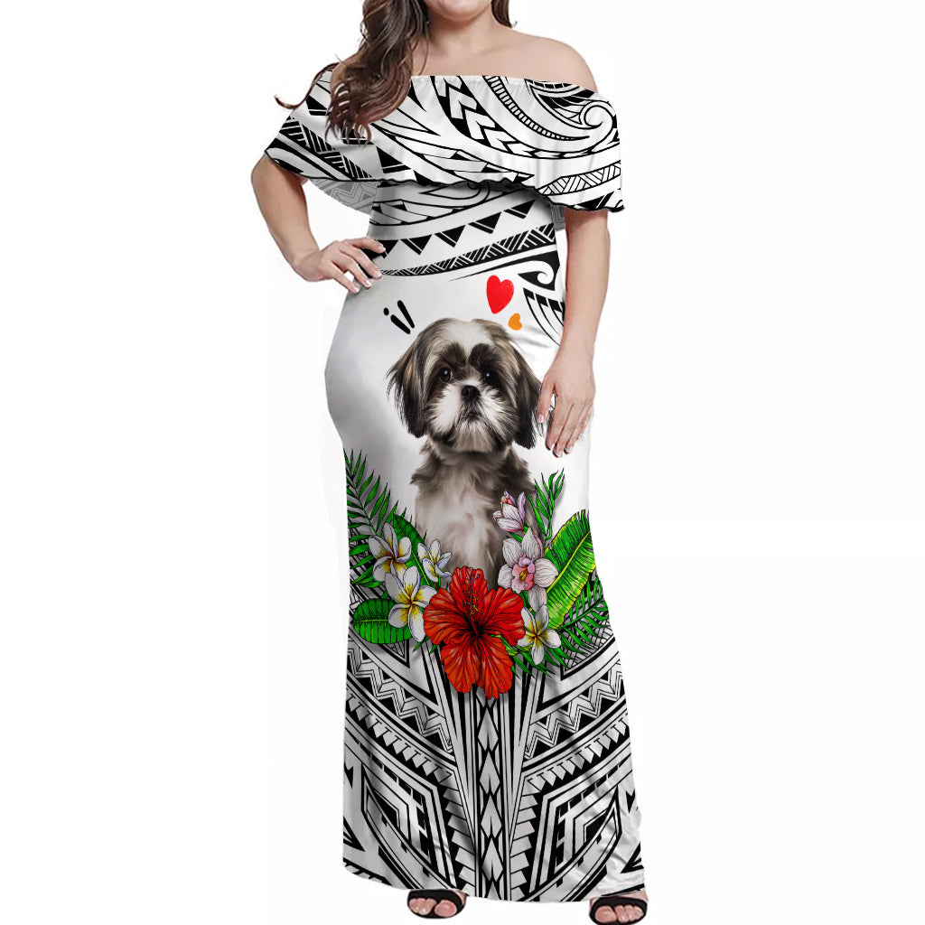 Polynesian Shih Tzu Off Shoulder Maxi Dress Polynesian Pattern And Shih Tzu - Wonder Print Shop