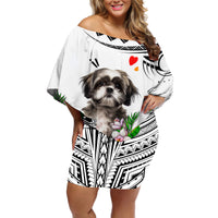 Polynesian Shih Tzu Off Shoulder Short Dress Polynesian Pattern And Shih Tzu - Wonder Print Shop
