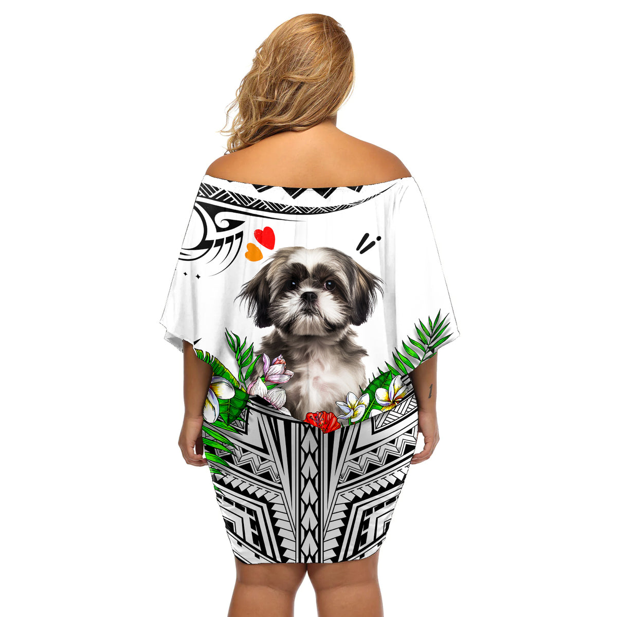 Polynesian Shih Tzu Off Shoulder Short Dress Polynesian Pattern And Shih Tzu - Wonder Print Shop