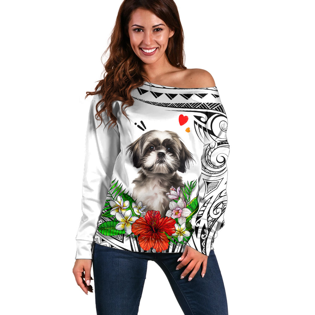 Polynesian Shih Tzu Off Shoulder Sweater Polynesian Pattern And Shih Tzu - Wonder Print Shop