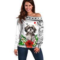 Polynesian Shih Tzu Off Shoulder Sweater Polynesian Pattern And Shih Tzu - Wonder Print Shop