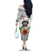Polynesian Shih Tzu Off The Shoulder Long Sleeve Dress Polynesian Pattern And Shih Tzu - Wonder Print Shop