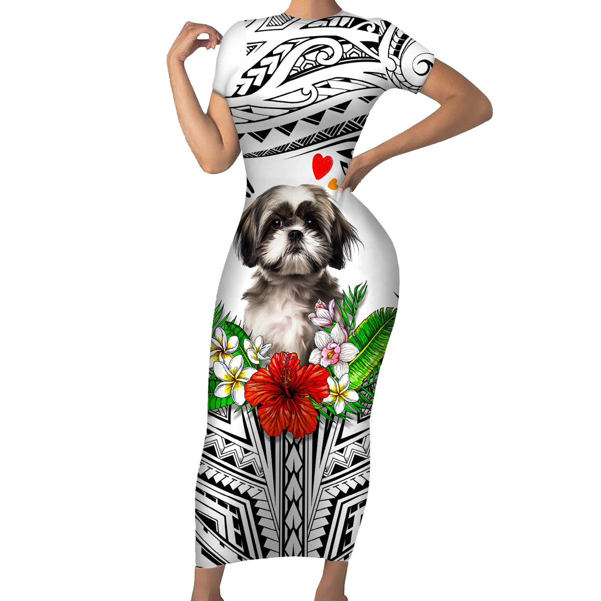 Polynesian Shih Tzu Short Sleeve Bodycon Dress Polynesian Pattern And Shih Tzu - Wonder Print Shop