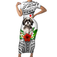 Polynesian Shih Tzu Short Sleeve Bodycon Dress Polynesian Pattern And Shih Tzu - Wonder Print Shop
