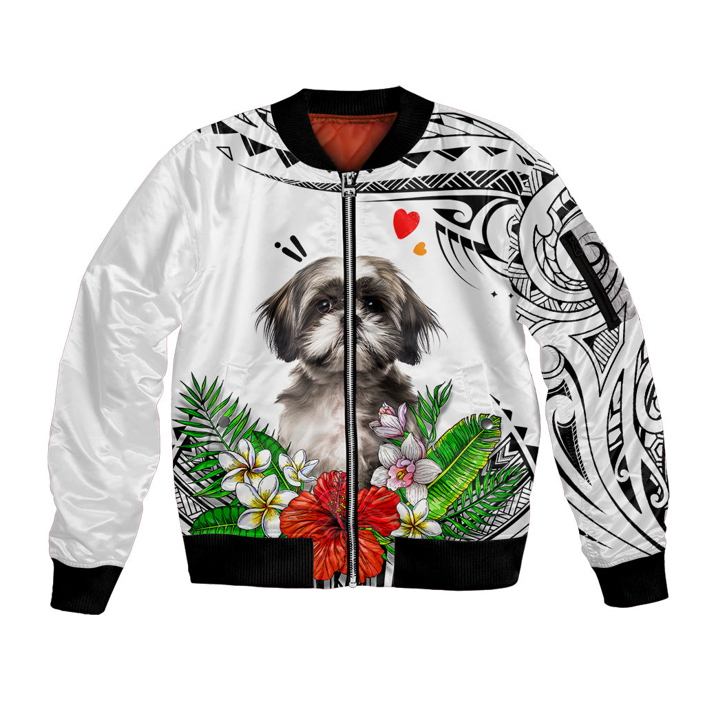 Polynesian Shih Tzu Sleeve Zip Bomber Jacket Polynesian Pattern And Shih Tzu - Wonder Print Shop