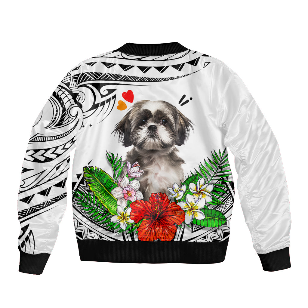 Polynesian Shih Tzu Sleeve Zip Bomber Jacket Polynesian Pattern And Shih Tzu - Wonder Print Shop