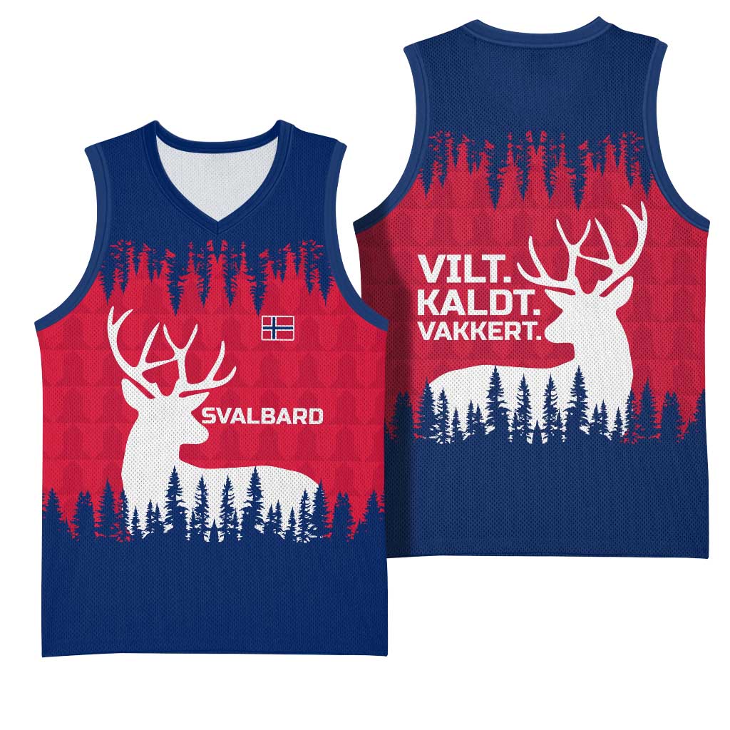 Norway Svalbard Basketball Jersey with Reindeer Silhouette Forest and Norwegian Flag - Wonder Print Shop