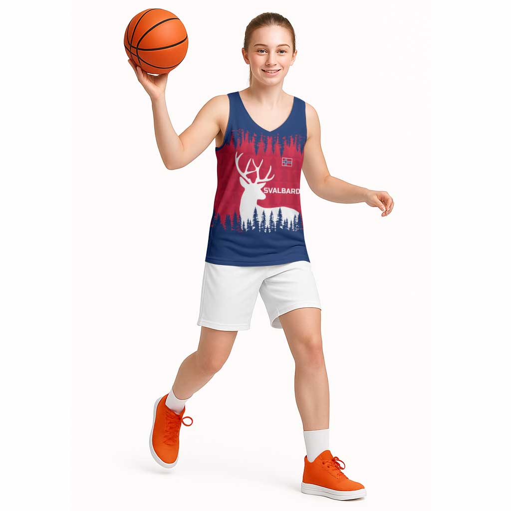 Norway Svalbard Basketball Jersey with Reindeer Silhouette Forest and Norwegian Flag - Wonder Print Shop