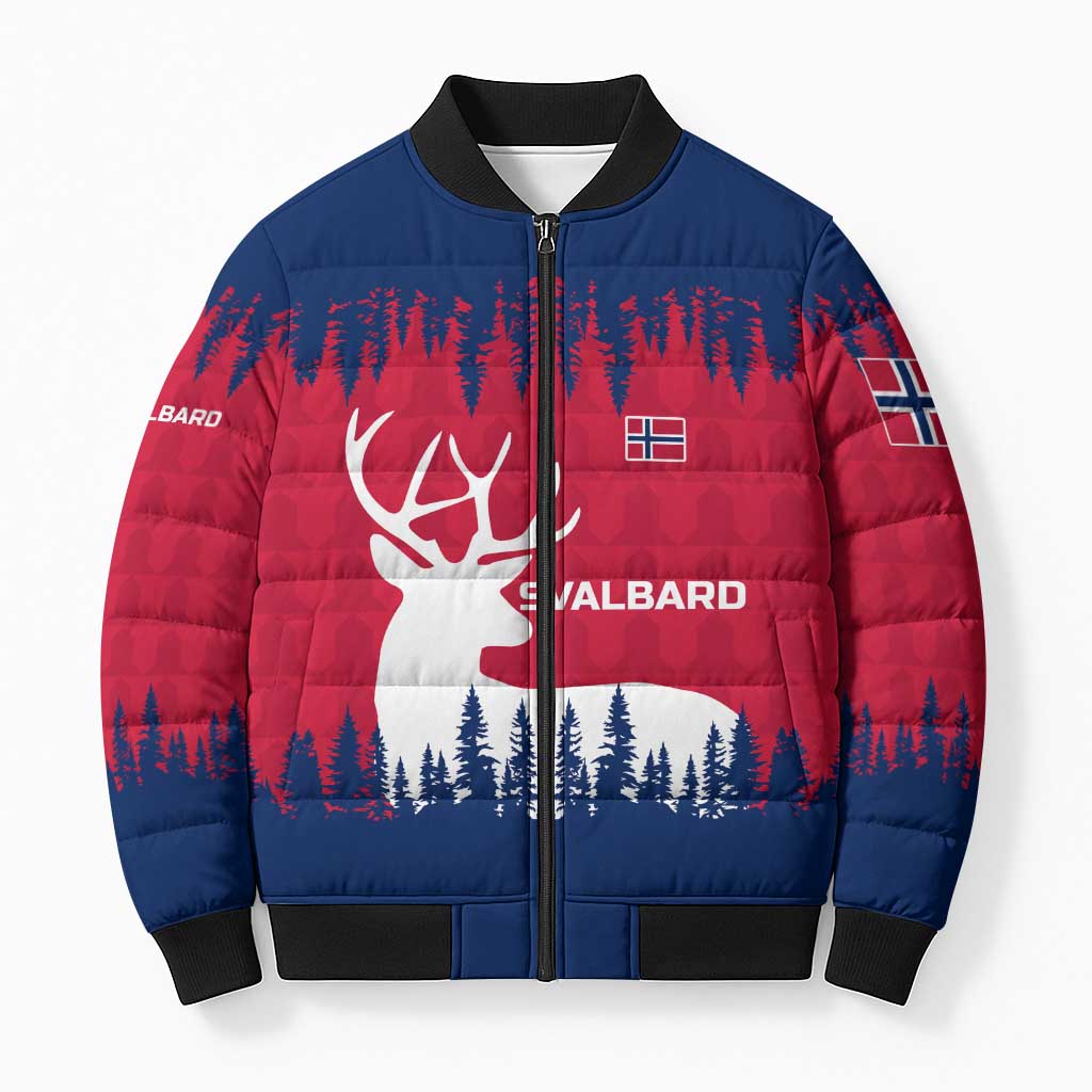 Norway Svalbard Bomber Puffer Jacket with Reindeer Silhouette Forest and Norwegian Flag - Wonder Print Shop