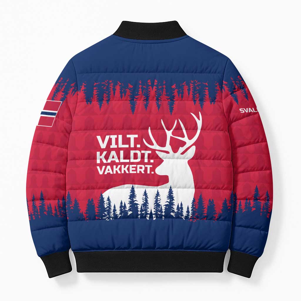 Norway Svalbard Bomber Puffer Jacket with Reindeer Silhouette Forest and Norwegian Flag - Wonder Print Shop