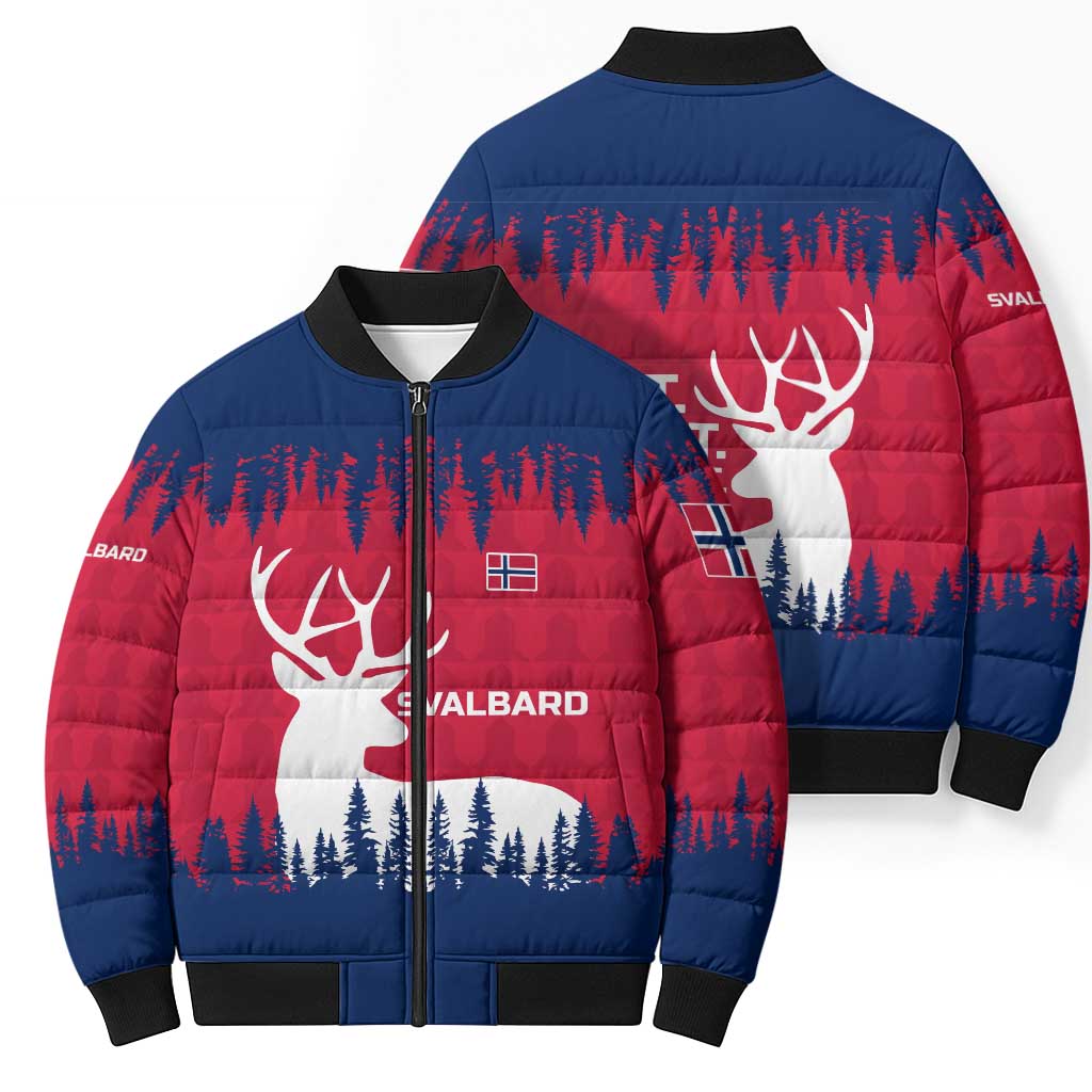 Norway Svalbard Bomber Puffer Jacket with Reindeer Silhouette Forest and Norwegian Flag - Wonder Print Shop