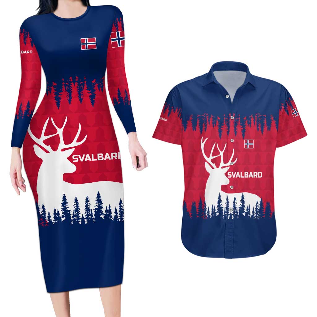 Norway Svalbard Couples Matching Long Sleeve Bodycon Dress and Hawaiian Shirt with Reindeer Silhouette Forest and Norwegian Flag - Wonder Print Shop
