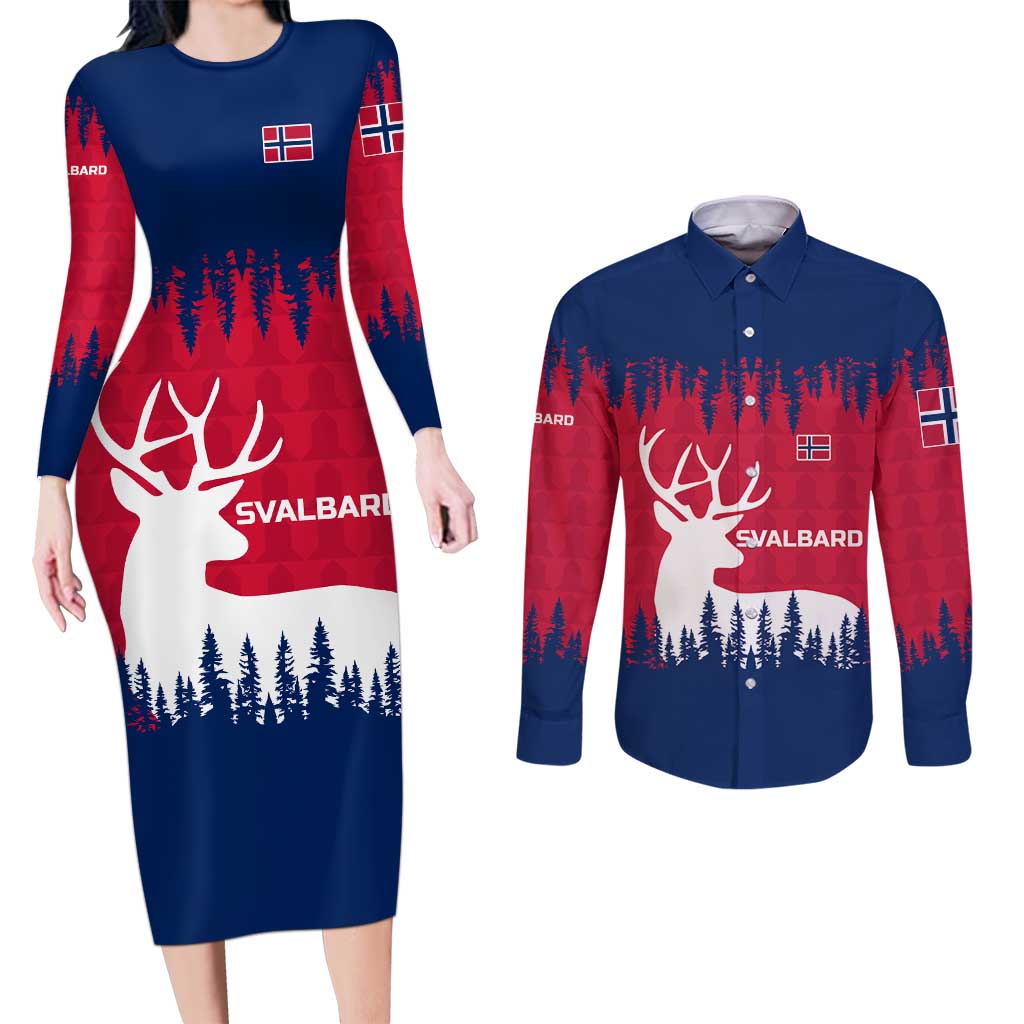 Norway Svalbard Couples Matching Long Sleeve Bodycon Dress and Long Sleeve Button Shirt with Reindeer Silhouette Forest and Norwegian Flag - Wonder Print Shop