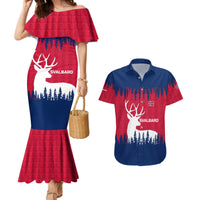 Norway Svalbard Couples Matching Mermaid Dress and Hawaiian Shirt with Reindeer Silhouette Forest and Norwegian Flag - Wonder Print Shop