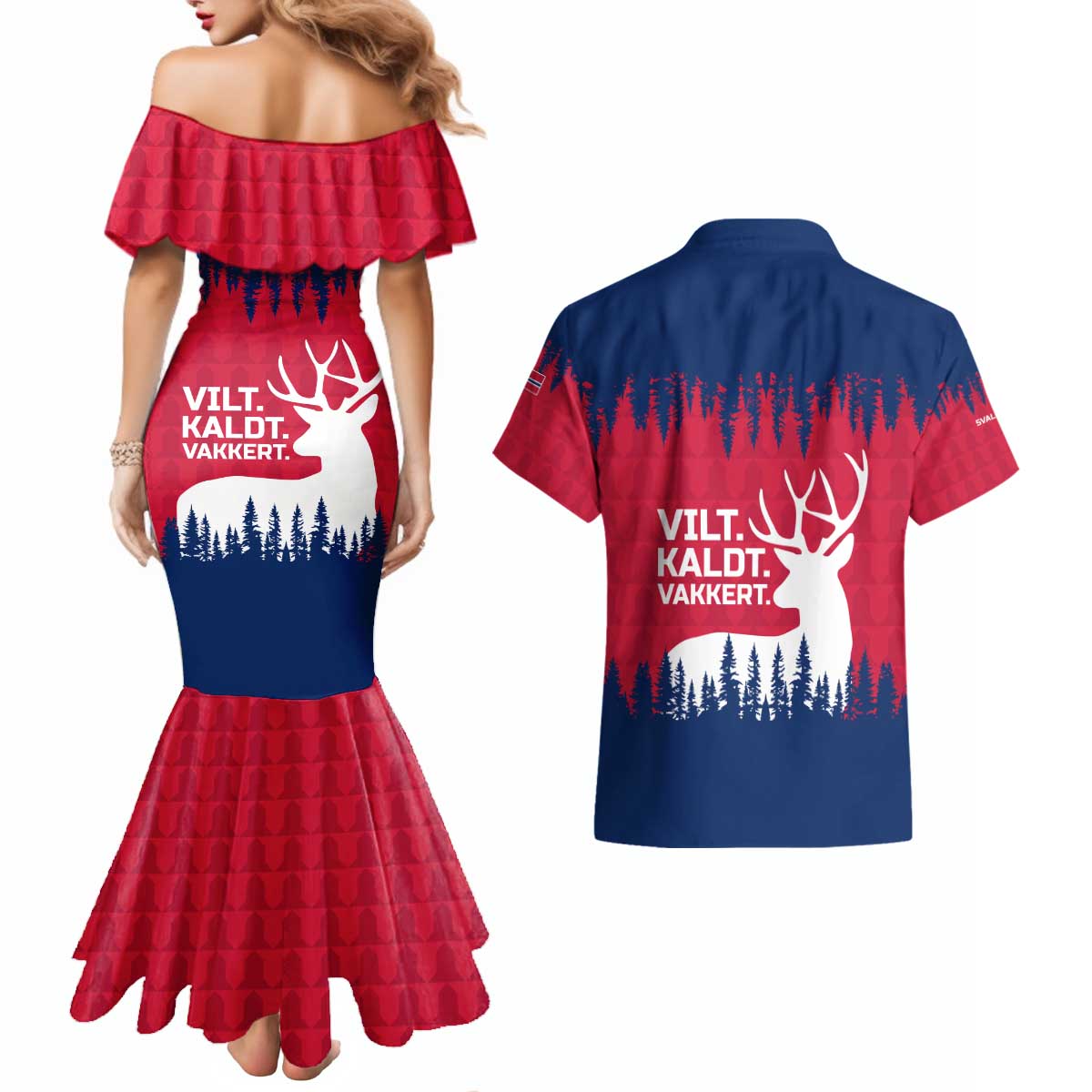 Norway Svalbard Couples Matching Mermaid Dress and Hawaiian Shirt with Reindeer Silhouette Forest and Norwegian Flag - Wonder Print Shop