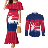 Norway Svalbard Couples Matching Mermaid Dress and Long Sleeve Button Shirt with Reindeer Silhouette Forest and Norwegian Flag - Wonder Print Shop