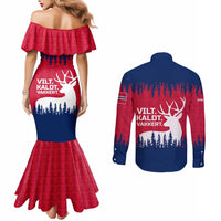 Norway Svalbard Couples Matching Mermaid Dress and Long Sleeve Button Shirt with Reindeer Silhouette Forest and Norwegian Flag - Wonder Print Shop