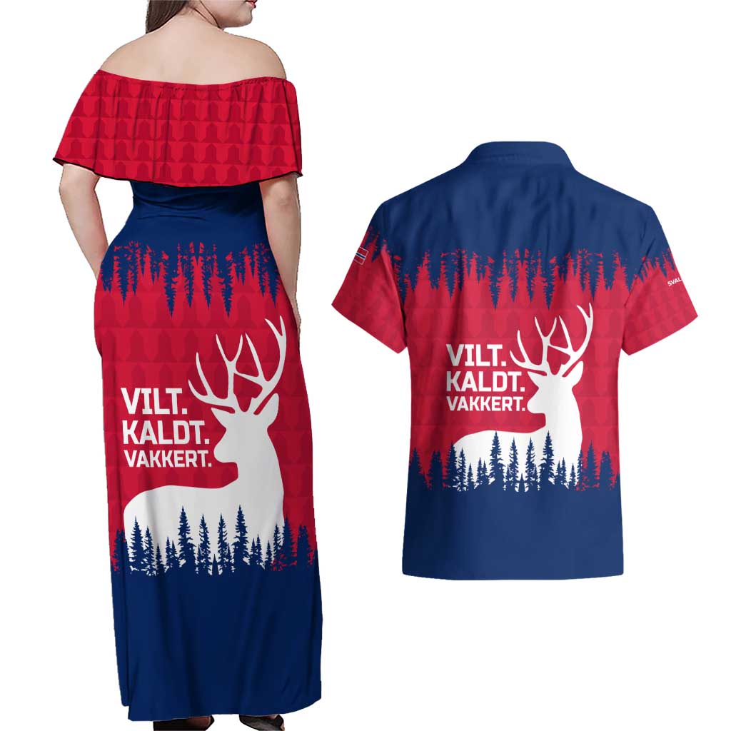 Norway Svalbard Couples Matching Off Shoulder Maxi Dress and Hawaiian Shirt with Reindeer Silhouette Forest and Norwegian Flag - Wonder Print Shop