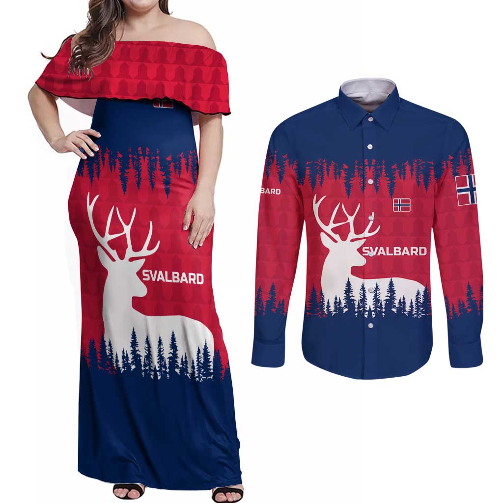 Norway Svalbard Couples Matching Off Shoulder Maxi Dress and Long Sleeve Button Shirt with Reindeer Silhouette Forest and Norwegian Flag - Wonder Print Shop
