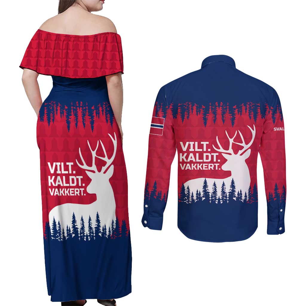 Norway Svalbard Couples Matching Off Shoulder Maxi Dress and Long Sleeve Button Shirt with Reindeer Silhouette Forest and Norwegian Flag - Wonder Print Shop